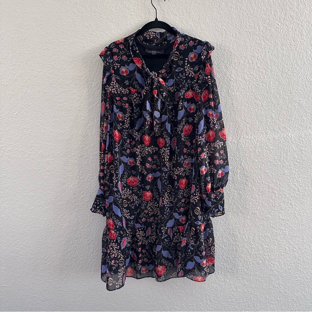 Romantic Floral Tie Neck Dress Black Sheer Sleeve Ruffle Boho - Size 14 - Picture 1 of 13